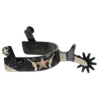 Shooting Stars Mens Black Steel Rowel Spurs Features a  Copper Star with Engraved Silver Accents & Guns