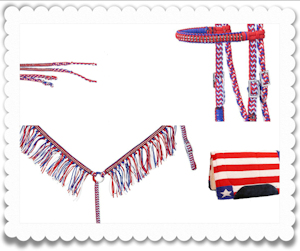 Parade Set - Wool Stars and Stripes Saddle Pad, Red, White and Blue Head Stall, Reins and Fringed Breast Collar With Crystals